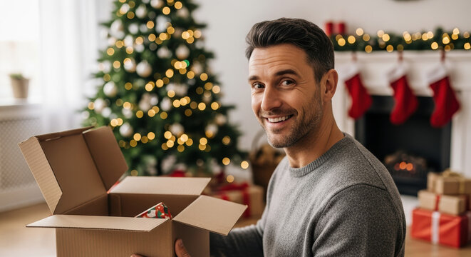 Boxing Day surprise with smiling man holding open present box in decorated living room. Boxing Day celebration reveals exciting gifts and holiday cheer at home.