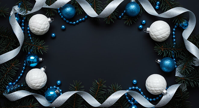 Blue and white Christmas ornaments with pine branches and ribbon