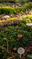 Close-up of small mushrooms growing on a mossy forest floor in natural light.