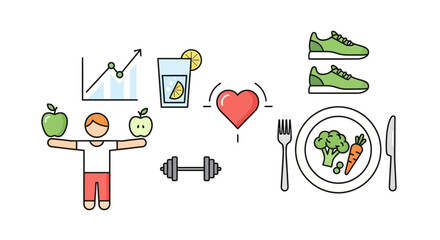 Healthy lifestyle icons promoting wellness and fitness through balanced diet, regular exercise, and positive health trends, showing commitment to wellbeing