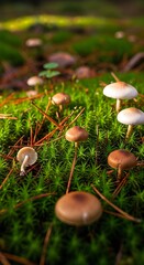 Close-up of small wild mushrooms growing on vibrant green moss in a forest, illuminated by soft natural light.