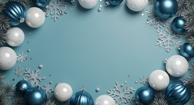 Blue and white Christmas ornaments with snowflakes and pine branches - Powered by Adobe