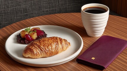 Dopamine overhead of croissant & coffee on wood with purple napkin—white china combo, copy space ready for breakfast branding, story promo
