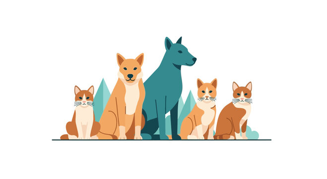 Charming cartoon illustration of a dog and cat family together, perfect for pet lovers, veterinary clinics, and animal-themed designs, full of warmth and friendship