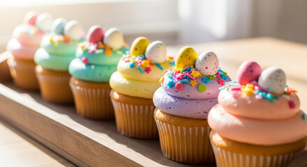 Colorful easter egg themed cupcakes for festive celebrations.