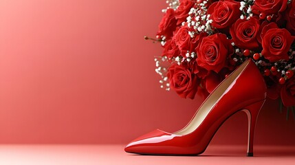 Red high heel shoe next to a bouquet of vibrant red roses on a soft pink background