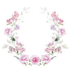 Watercolor floral wreath clipart in vintage rustic style, colored purple pink violet garden illustration. Hand painting print - abstract flowers, leaves, plants. Design texture for textile, wallpaper.