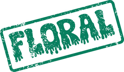 Green distressed rubber stamp impression featuring the bold word FLORAL for botanical applications