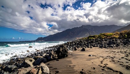 Rocky beach landscape with crashing waves, mountain backdrop, and cloudy sky