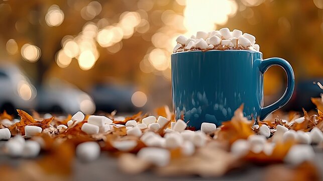 A close-up shot of a blue mug filled with hot chocolate and topped with marshmallows, placed on a surface covered with fallen autumn leaves and scattered marshm - Powered by Adobe