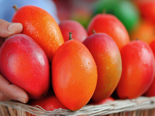 Fresh, ripe mangoes in a woven basket, showcasing vibrant colors and glistening textures, highlighting the essence of tropical fruits and healthy eating choices