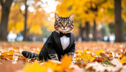 Dapper tabby cat in tiny tuxedo sitting amongst fallen autumn leaves in a park setting with blurred trees