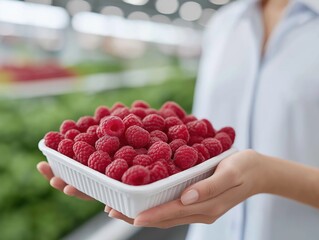 Fresh raspberries in a white container held by a person in a grocery store, surrounded by vibrant produce, showcasing healthy eating and organic lifestyle choices