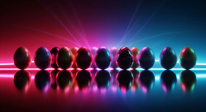 Easter eggs in a row with neon glow color moving seamless art loop background colorful art wallpaper Modern screen design gradients broadcasting footage Happy Easter egg design copy space