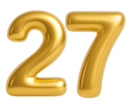3D gold balloon number 27, shiny metallic design for birthday or anniversary celebration