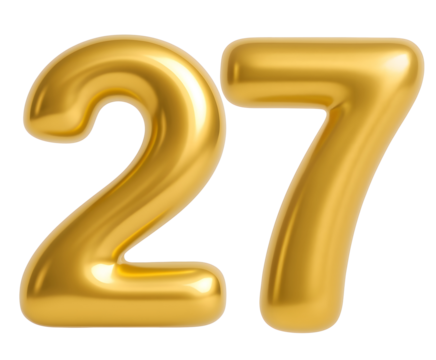 3D gold balloon number 27, shiny metallic design for birthday or anniversary celebration