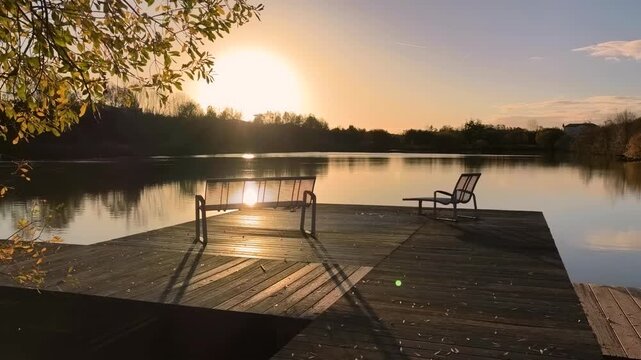 Wooden jetty extending into calm lake water at sunset during autumn season.