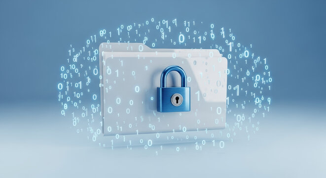 Data privacy symbolized by locked folder, securing personal data, information security. Data privacy emphasized through padlock on file folder surrounded by digital numbers,