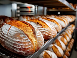 Freshly baked artisan bread loaves arranged neatly on shelves in a bakery, showcasing golden crusts and rustic textures, emphasizing the art of traditional baking