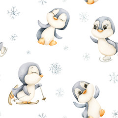 Cute Penguins Winter Fun Sports Seamless Pattern. Watercolor hand drawn illustration isolated on white background ski ice skates for north design Christmas holiday print baby cloth kids fabric nursery