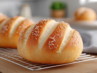 Freshly baked bread rolls with sesame seeds cooling on a wire rack in a cozy kitchen setting, showcasing delicious texture and inviting warmth for culinary enthusiasts