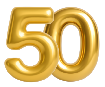 3D gold balloon number 50, shiny metallic design for birthday or anniversary celebration