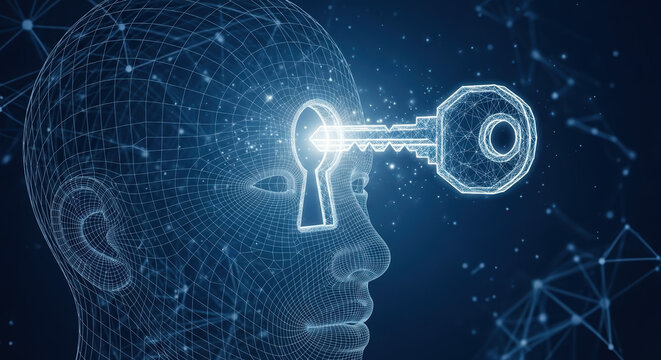 Conceptual data privacy with human head outline and keyhole. Data privacy concerns and cybersecurity are critical in digital world.
