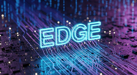 Edge computing displayed with glowing network connections and server links. Edge computing combines data transmission and processing for local servers, creating immediate access, data security,