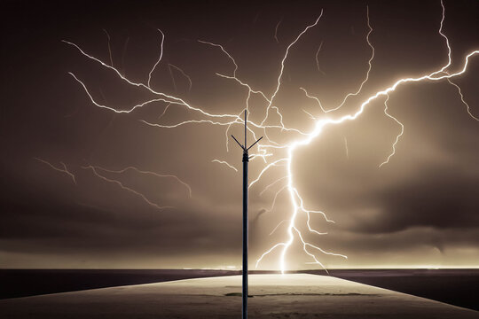 Dramatic Lightning Strike on a Stormy Night with a Lightning Rod