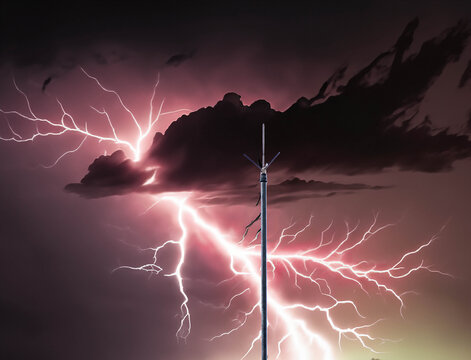 Dramatic Lightning Strike on a Stormy Night with a Lightning Rod