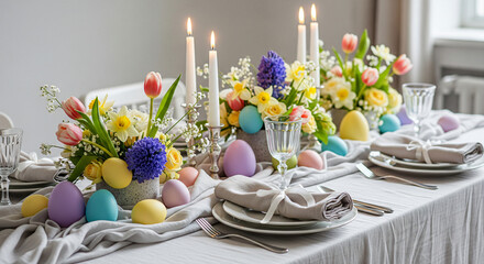 easter table setting with spring bouquet and pastel easter eggs, easter morning