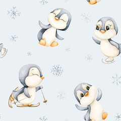 Cute Penguins Winter Fun Sports Seamless Pattern. Watercolor hand drawn illustration isolated on blue background ski