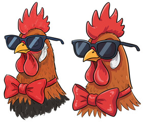 Stylish chicken  portrait in sunglasses and bow tie. Cool label rooster head, hipster chicken graphic. Funny gentleman cock, fashionable rooster bust