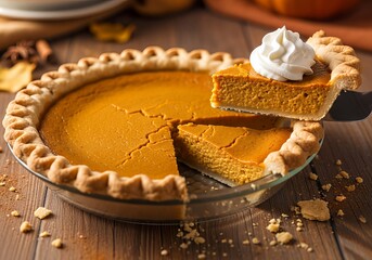 Delicious Homemade Pumpkin Pie with Whipped Cream Slice on Wooden Table.