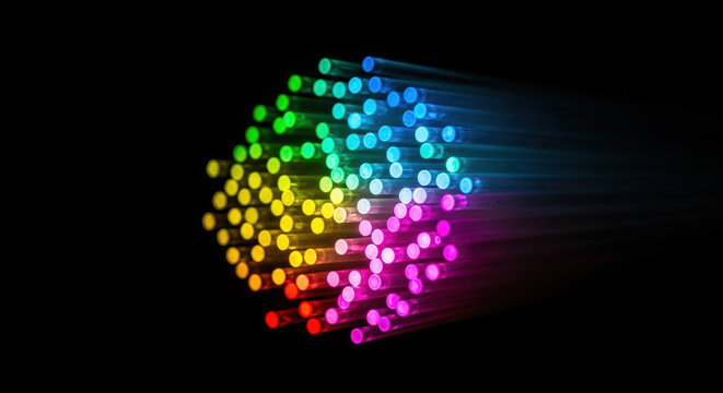 Illuminated edge computing data transfer with colorful fibers, glowing strongly. Edge computing visualization depicts cloud storage, networking and technology concepts, showcasing network bandwidth.