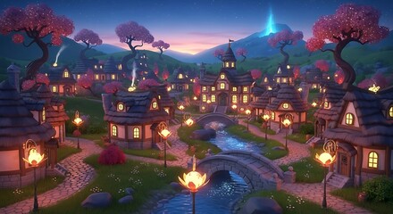 Enchanted Twilight Village: Pink Cherry Blossom Trees, Glowing Lanterns, and a Winding River in a Magical Landscape
