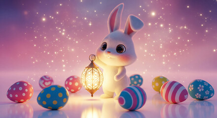 Cute white rabbit holding a lantern with pink ears on pastel background. Easter egg.