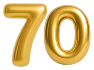 3D gold balloon number 70, shiny metallic design for birthday or anniversary celebration