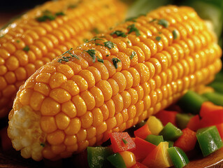 Freshly cooked corn on the cob garnished with herbs, served on a wooden platter with colorful diced bell peppers, showcasing vibrant textures and appetizing presentation