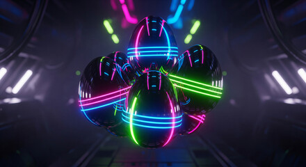 Custom decorated easter egg concept. Glowing neon eggs in vibrant colors on dark reflective surface