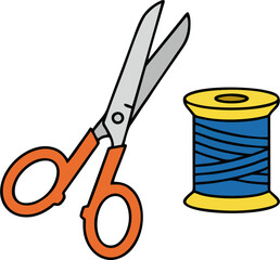 Scissors and Thread Vector Illustration – Flat Style Sewing Tools, Commercial Stock Image