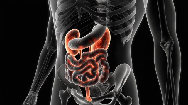 Human Anatomy Illustration - Kidneys, Intestines, and Skeletal System Visualization.