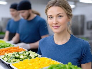 Smiling woman in blue shirt holding trays of fresh vegetables, surrounded by colleagues in a kitchen, showcasing teamwork in food preparation and healthy cooking practices