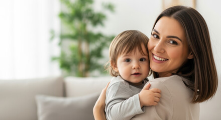 Family relationships shown with happy mother holding toddler child in arms, embracing. Family relationships, bond, and love, demonstrate beautiful connection between parent and kid,