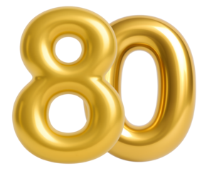 3D gold balloon number 80, shiny metallic design for birthday or anniversary celebration