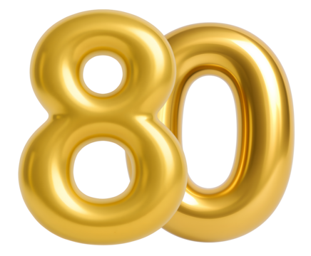 3D gold balloon number 80, shiny metallic design for birthday or anniversary celebration