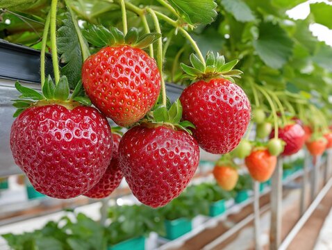 Fresh, ripe strawberries hanging from green plants in a greenhouse, showcasing vibrant colors and healthy growth, representing agricultural abundance and organic farming practices