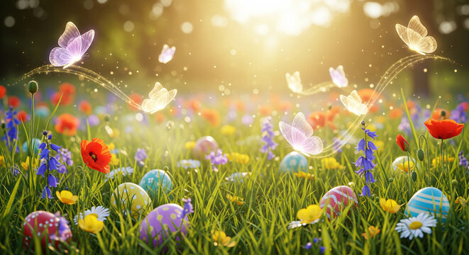 Enchanting spring meadow illuminated by golden sunlight, scattered with colorful Easter eggs and delicate butterflies hovering over fresh green grass