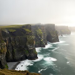Dramatic Cliffs of Moher in Ireland with Crashing Waves.