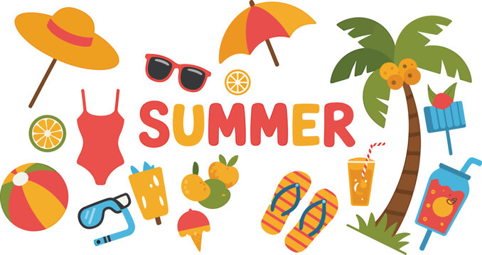Colorful vector set of summer-themed beach items including palm trees, drinks, fruits, swimsuit, flip-flops, umbrella, and sunglasses.
Bright flat summer beach icons and elements
